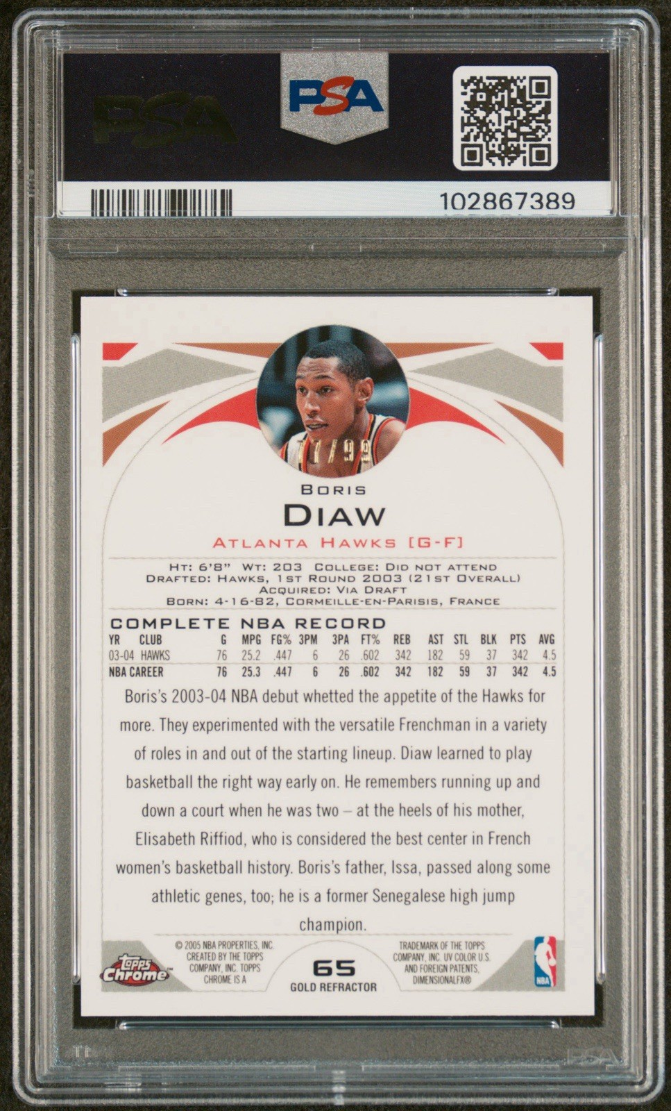 2004-05 Topps Chrome – Boris Diaw #65 Gold Refractor Card #/99 PSA 10 Pop 1