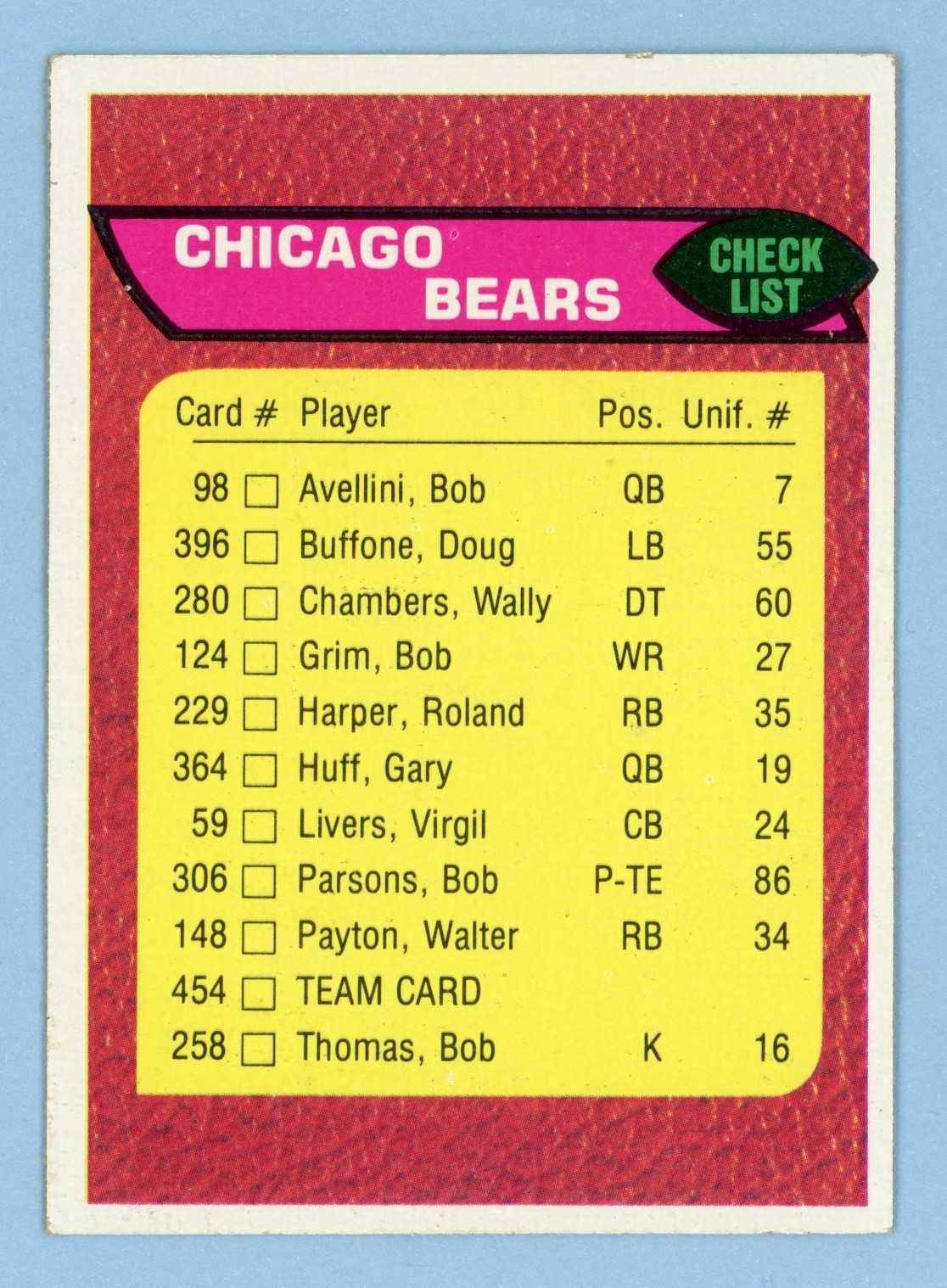 1976 topps footbal Chicago bears checklist card #454