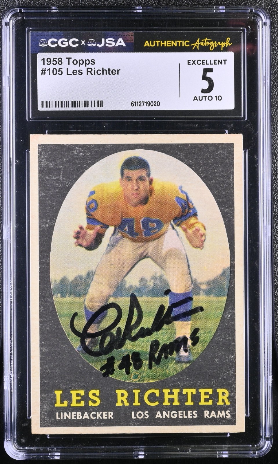Signed 1958 Topps Les Richter CGC 5 EX Auto 10 JSA HOF Rams