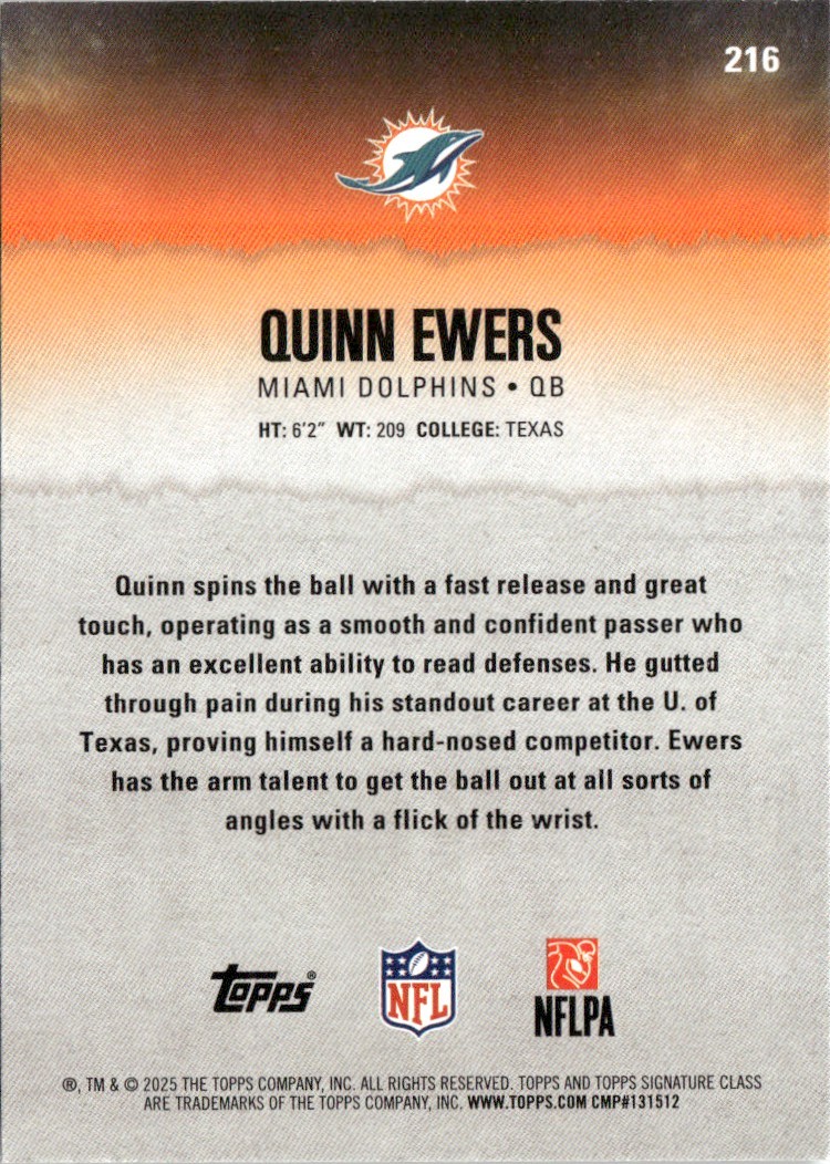2025 Topps Signature Class Green & Purple Quinn Ewers Rookie Miami Dolphins #216