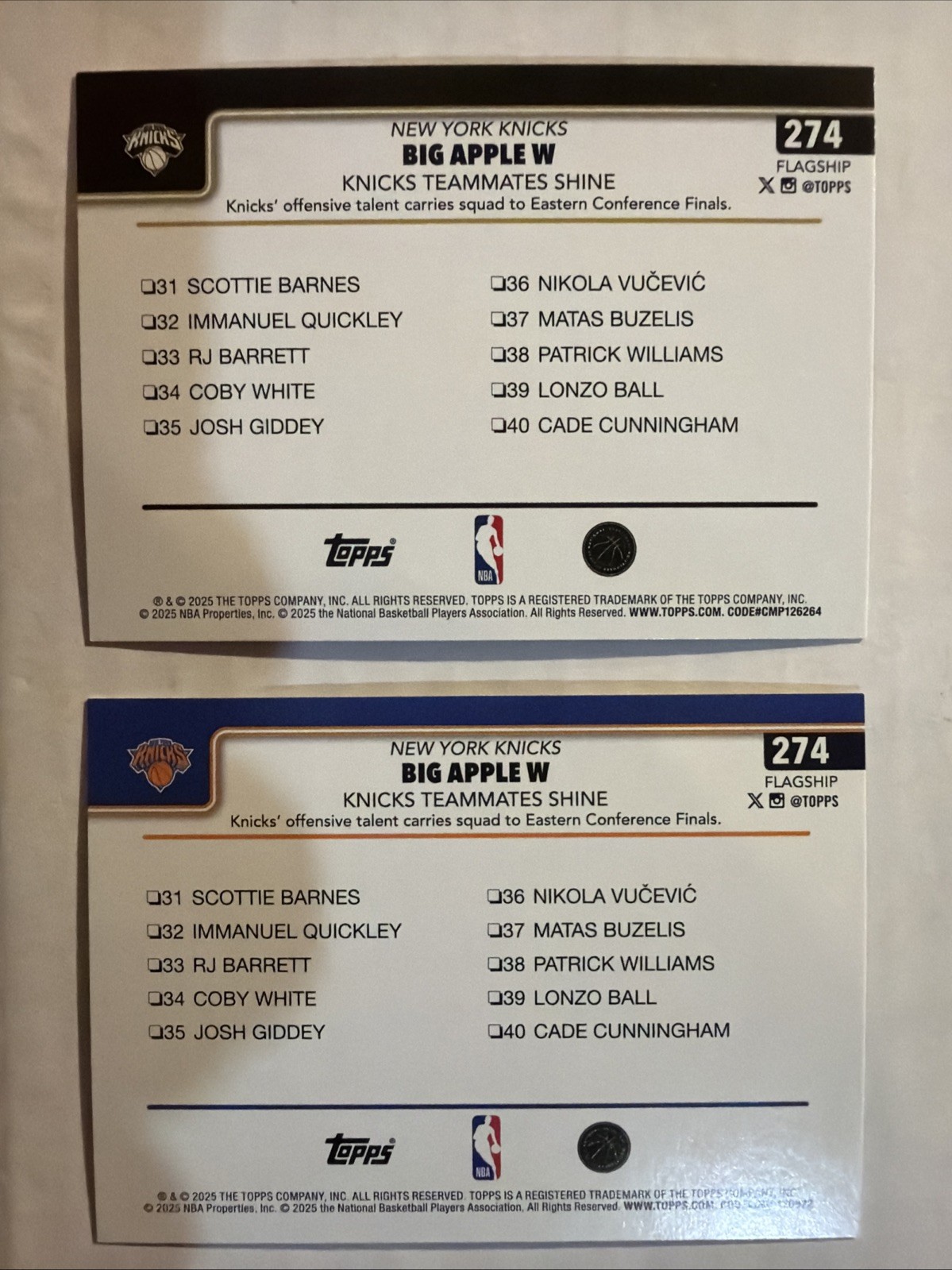 2025-26 Topps #274 Big Apple W “Knicks Teammates Shine” Blackout & Sand-glitter