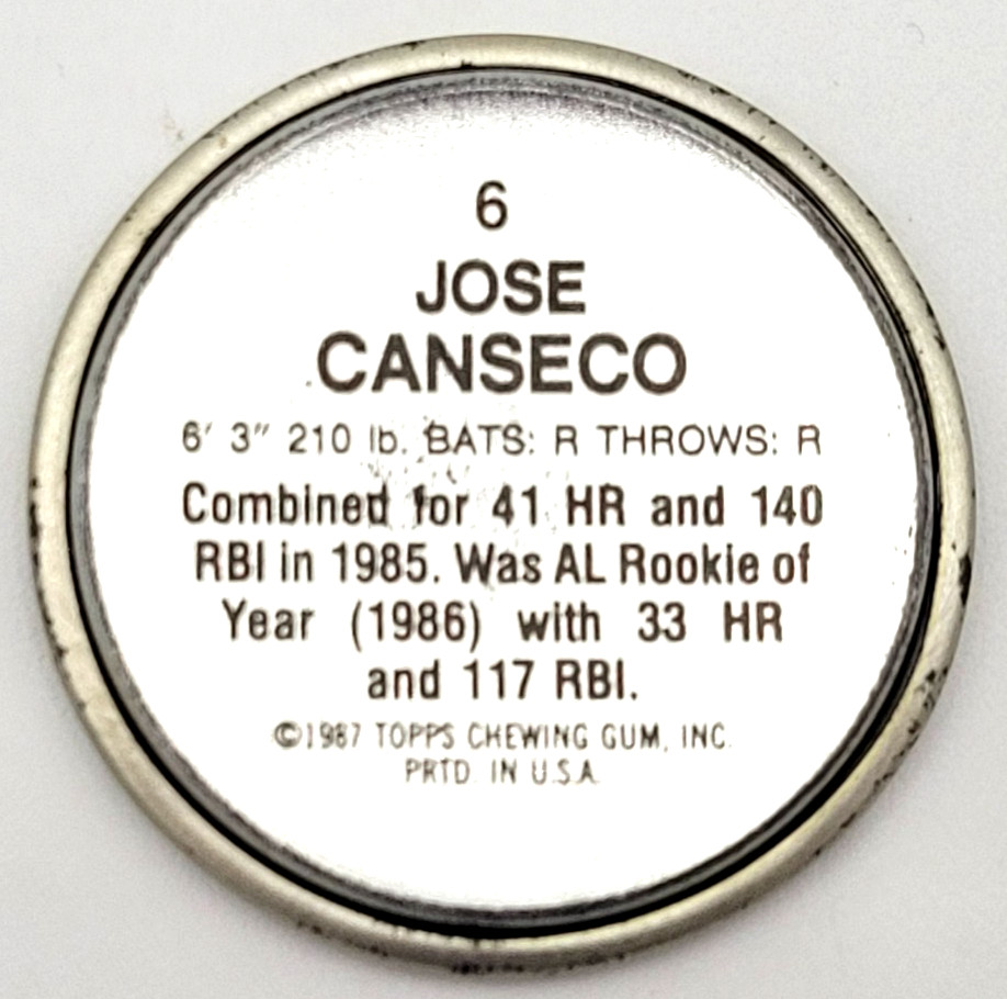 1987 Topps Baseball Coins Jose Canseco Oakland Athletics #6 MLB