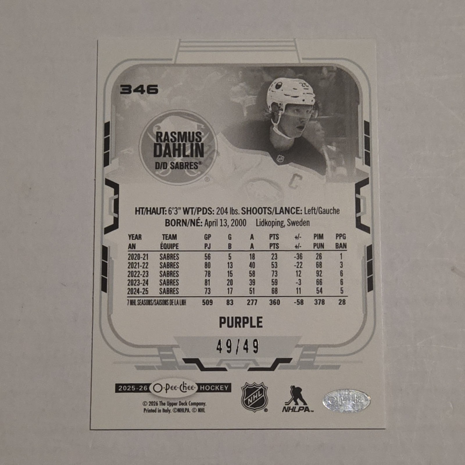 2025-26 O-PEE-CHEE Hockey RASMUS DAHLIN Purple 49/49 #346 Sabres BOOKEND!!!!🔥🔥