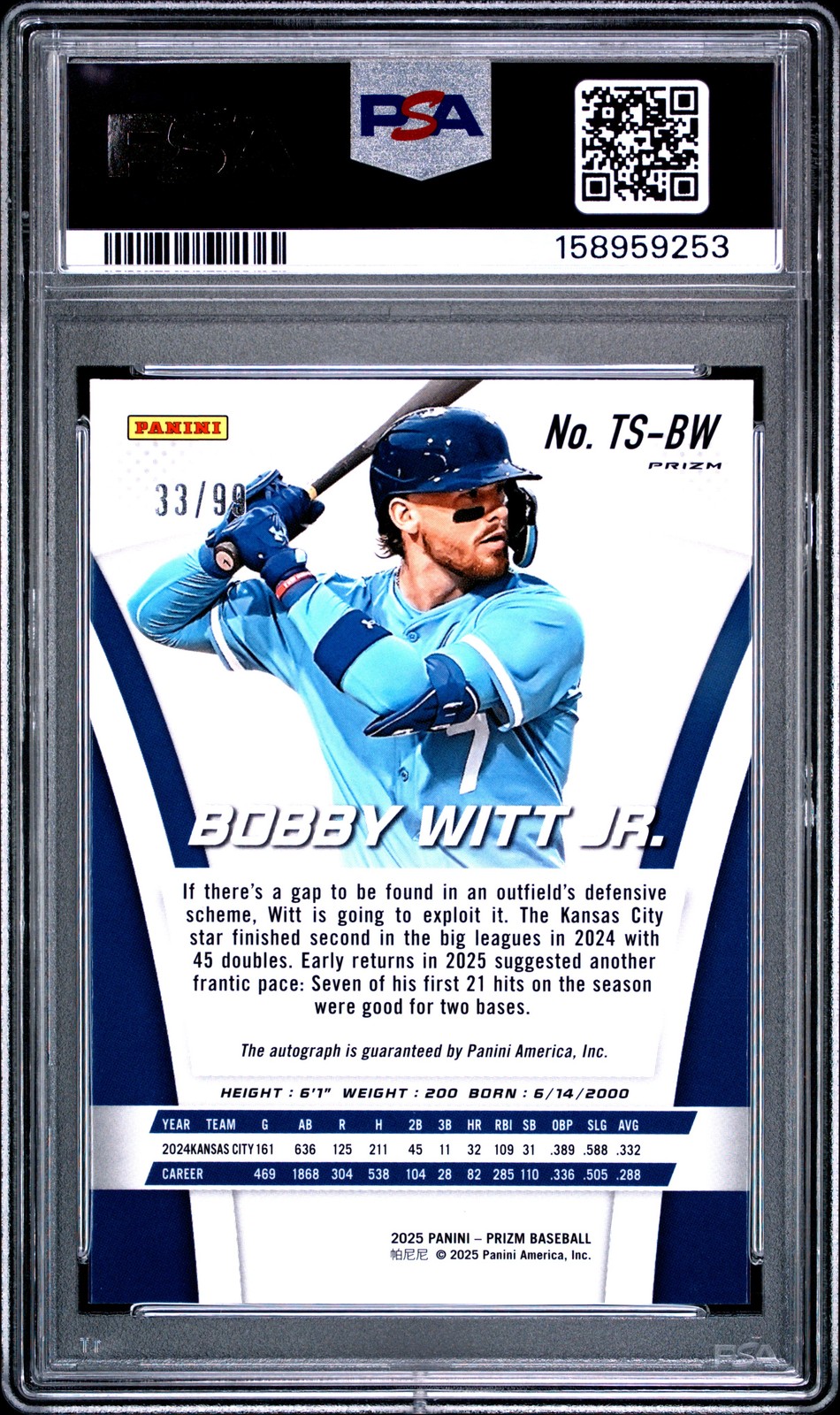 2025 PANINI PRIZM THROWBACK SIGNATURES RED PRIZM BOBBY WITT JR. 33/99 PSA 8