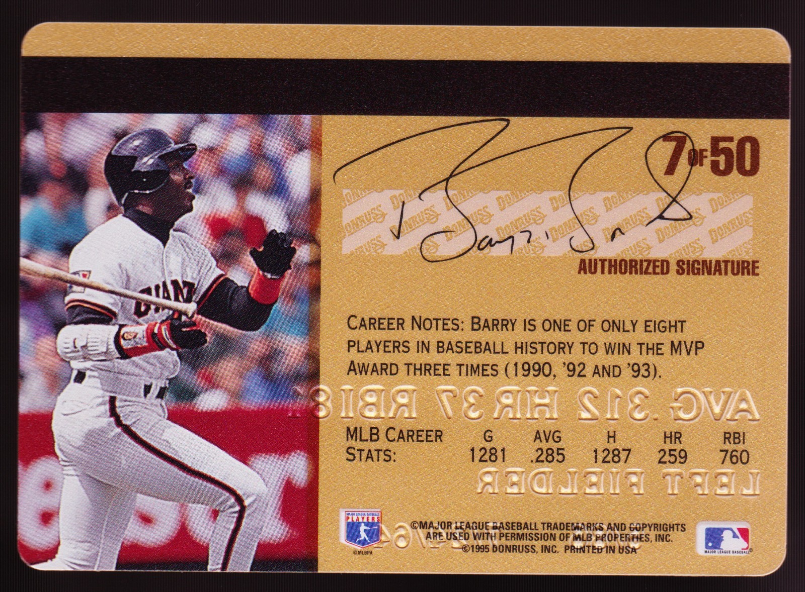 BARRY BONDS Giants 1995 Donruss Studio Gold Credit Card Facsimile Auto #7 of 50