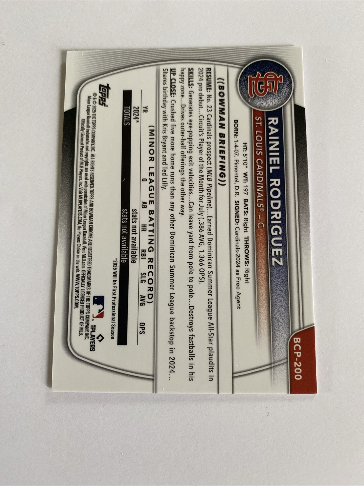 2025 Bowman Chrome 1st Rainiel Rodriguez #BCP-200 Pink Mojo Refractor #d 86/199