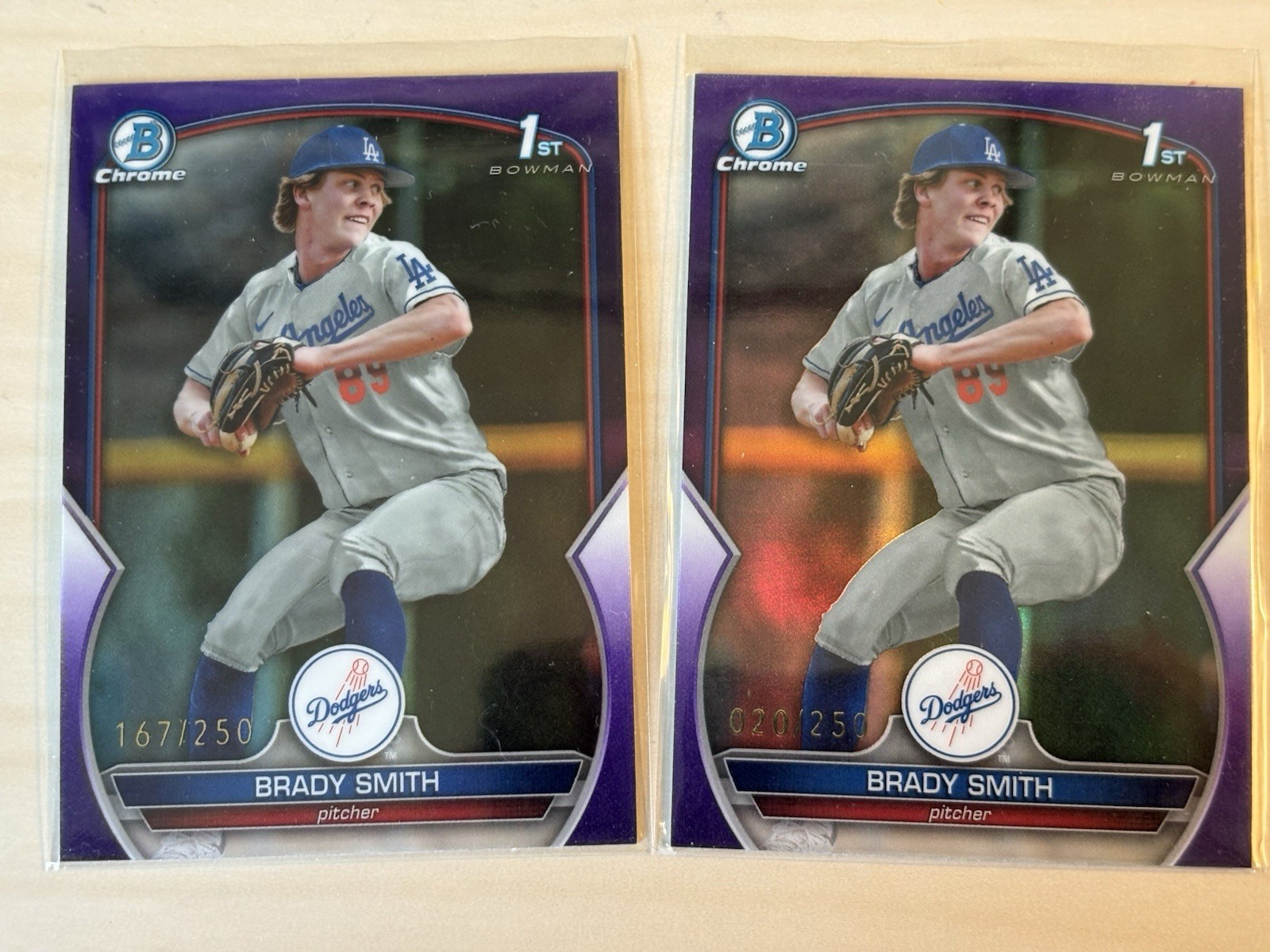 (2x) 2023 Bowman Chrome Draft Brady Smith TRUE Purple Refractor /250 Dodgers