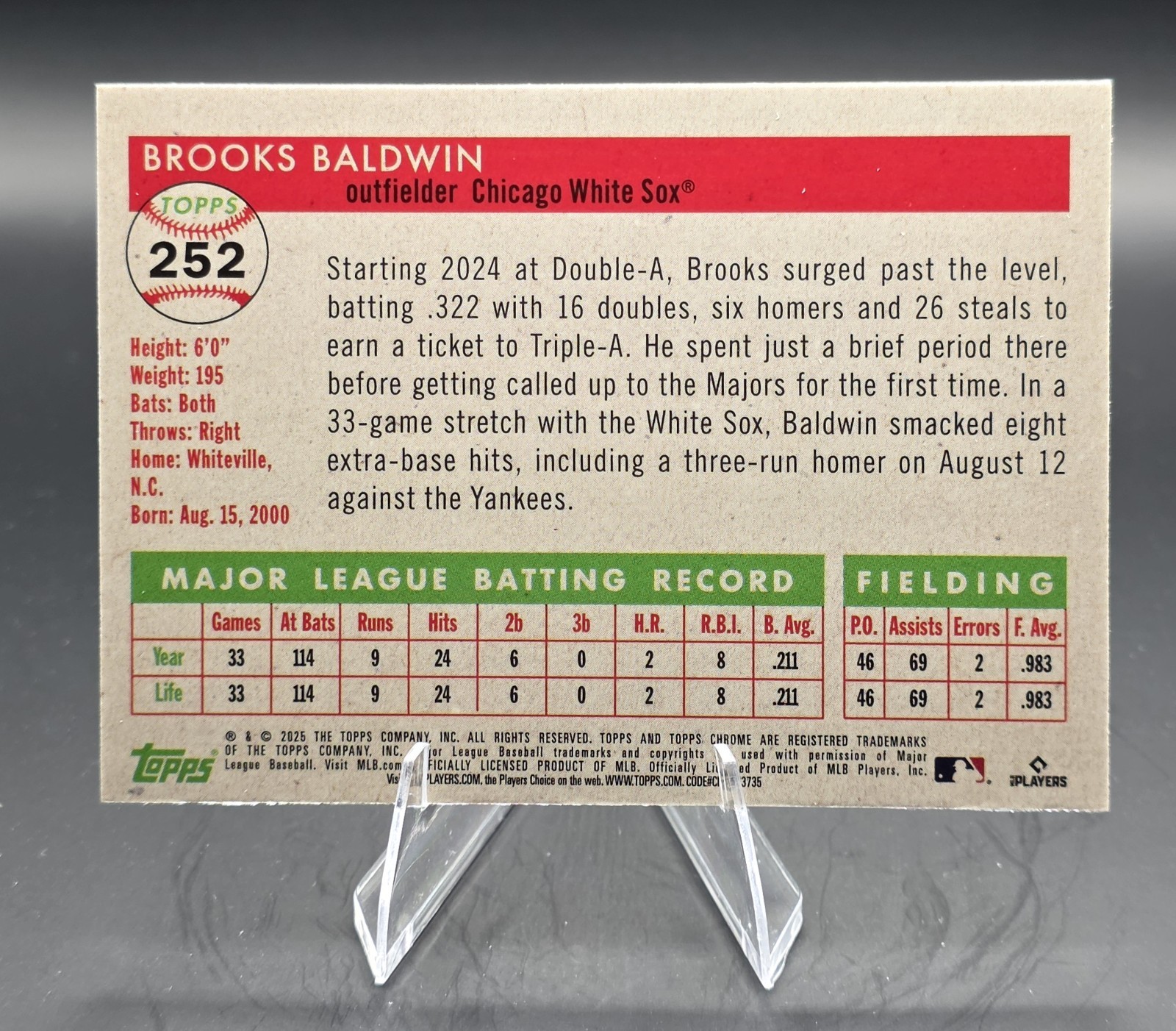 2025 Topps Chrome Platinum Brooks Baldwin White Sox RC Green #252 /99