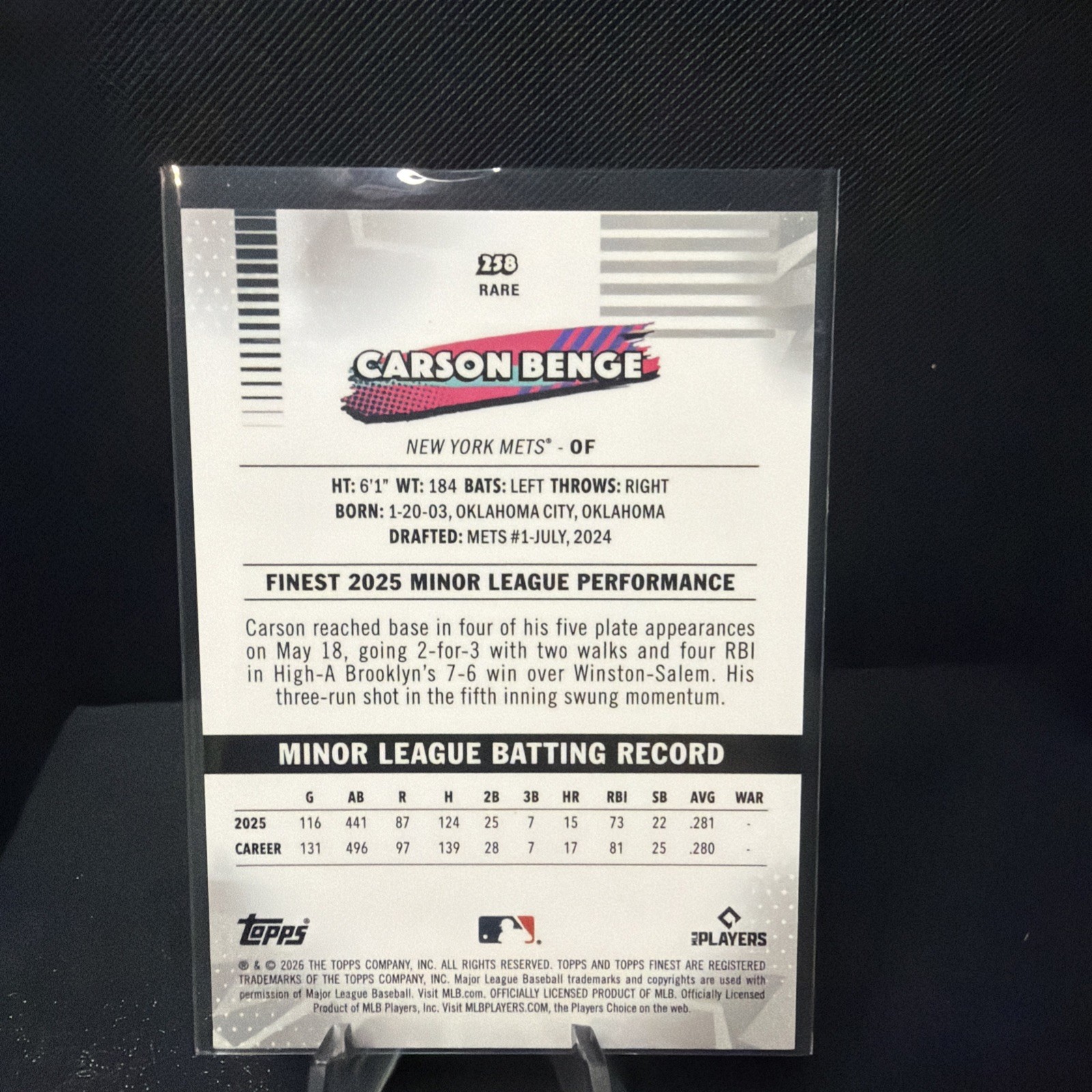 Topps Finest 2026 Carson Benge Rare True Black Refractor /10 RC!! RARE SSP Mets