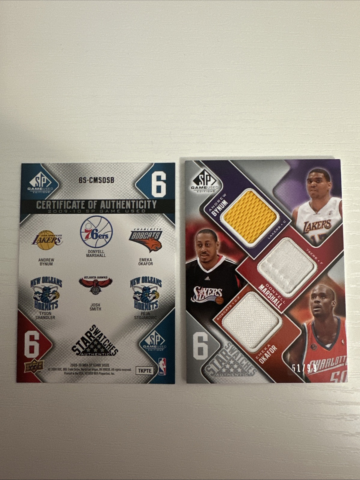 2009 SP Game Used 6 Star Swatches /99 Andrew Bynum Donyell Marshall Emeka Okafor
