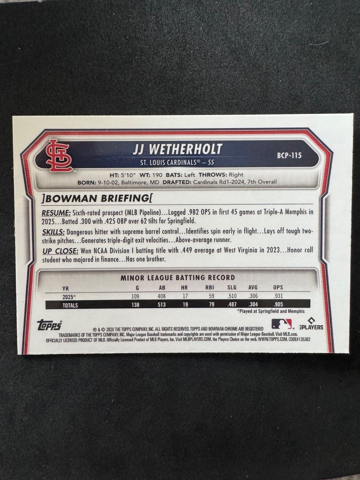 JJ Weatherholt 2026 Bowman Chrome Prospects St. Louis Cardinals