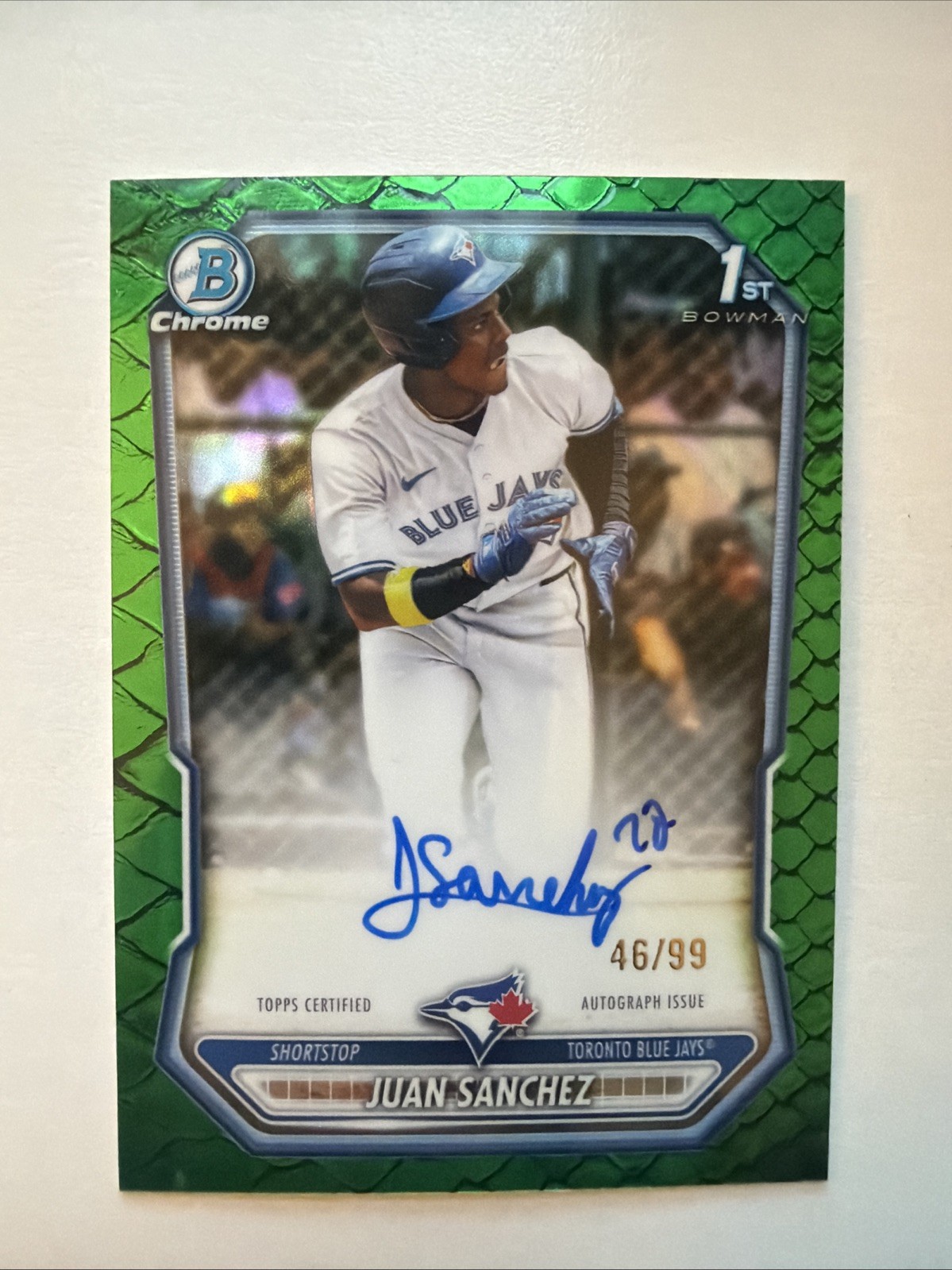 2026 Bowman Chrome Juan Sanchez 1st Bowman Green Reptilian Auto /99 Blue Jays