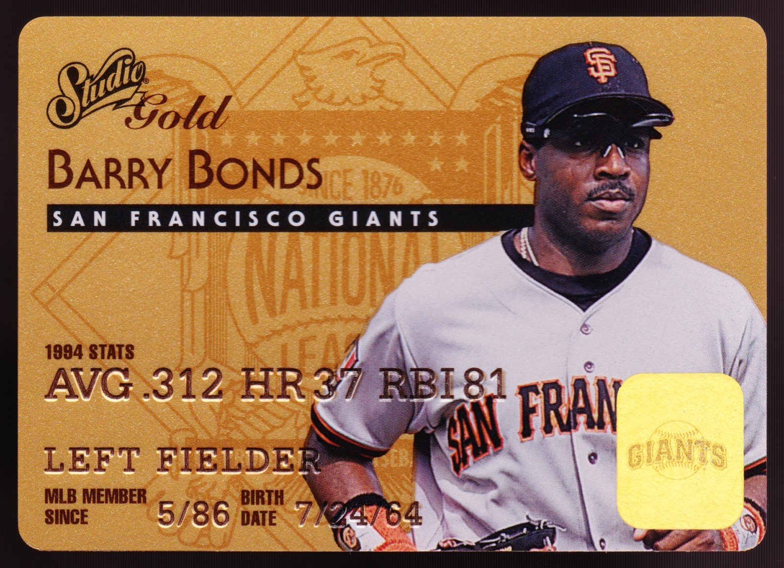 BARRY BONDS Giants 1995 Donruss Studio Gold Credit Card Facsimile Auto #7 of 50