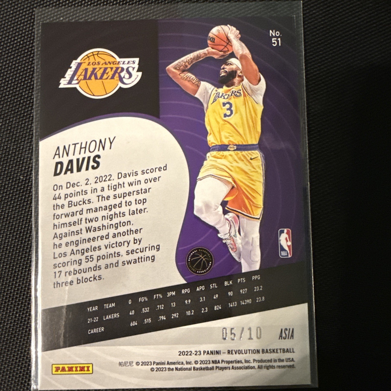 2022-23 Panini Evolution Anthony Davis Gold Asia 5/10 Lakers #51