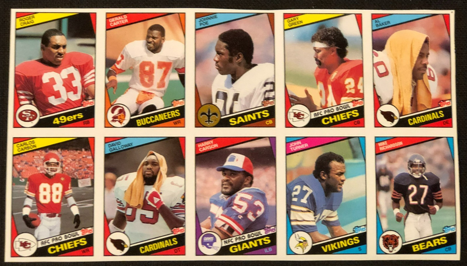 1984 Topps Football 10 Trading Card Uncut Panel Sheet with Roger Craig!