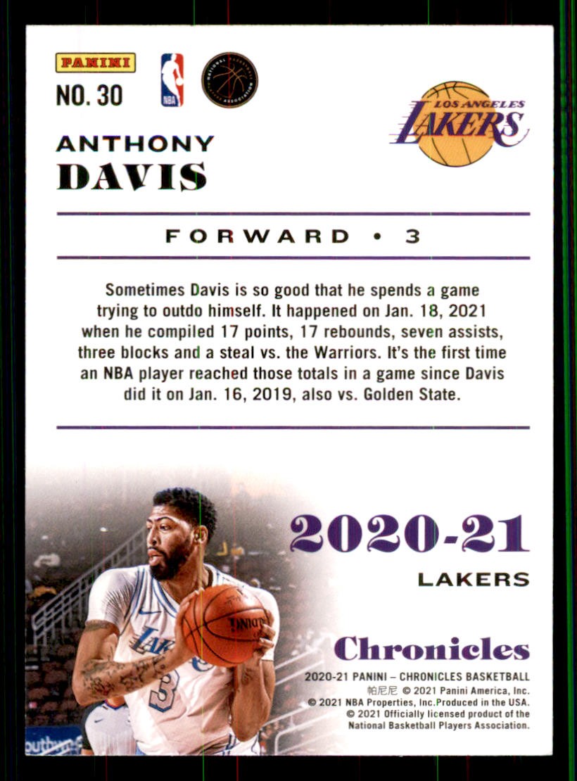 2020-21 Panini Chronicles #30 Anthony Davis Los Angeles Lakers