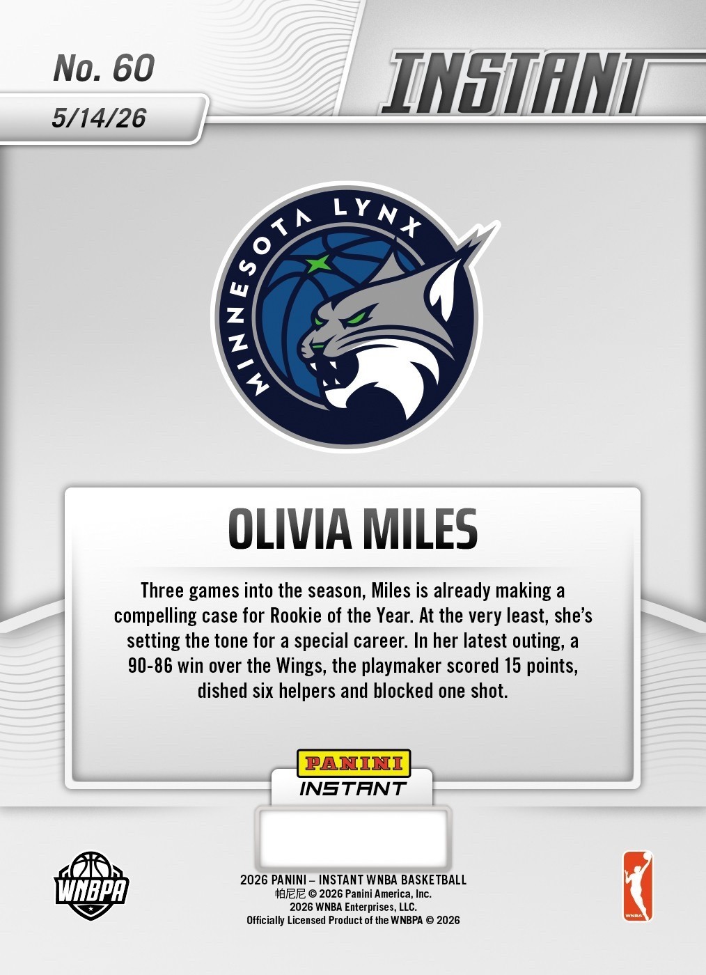 2026 Panini Instant WNBA #60 Olivia Miles Minnesota Lynx RC – Presale