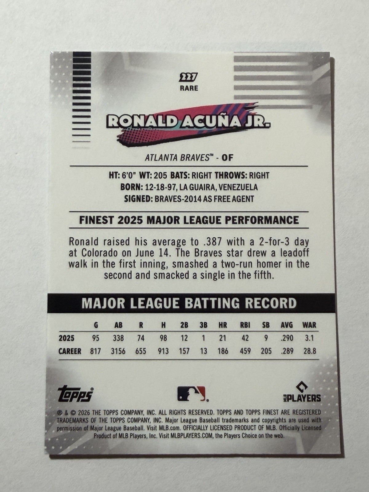 2026 Topps Finest Rare Mini-Diamond Refractor #227 Ronald Acuna Jr. Braves