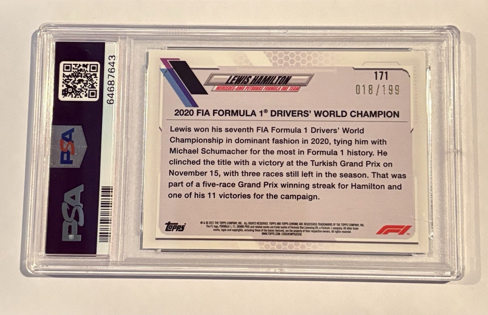 2021 Topps Chrome Sapphire F1 Lewis Hamilton Chartreuse #/199 PSA 10 GEM MINT