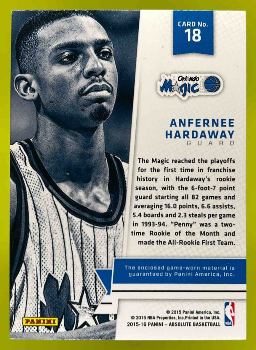 2015-16 Panini Absolute Anfernee Hardaway Heroes Materials 92 /99 #18