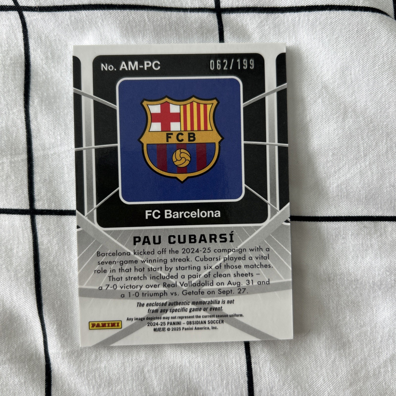 2024-25 Panini Obsidian – Atomic Material Pau Cubarsi #AM-PC /199 (MEM)