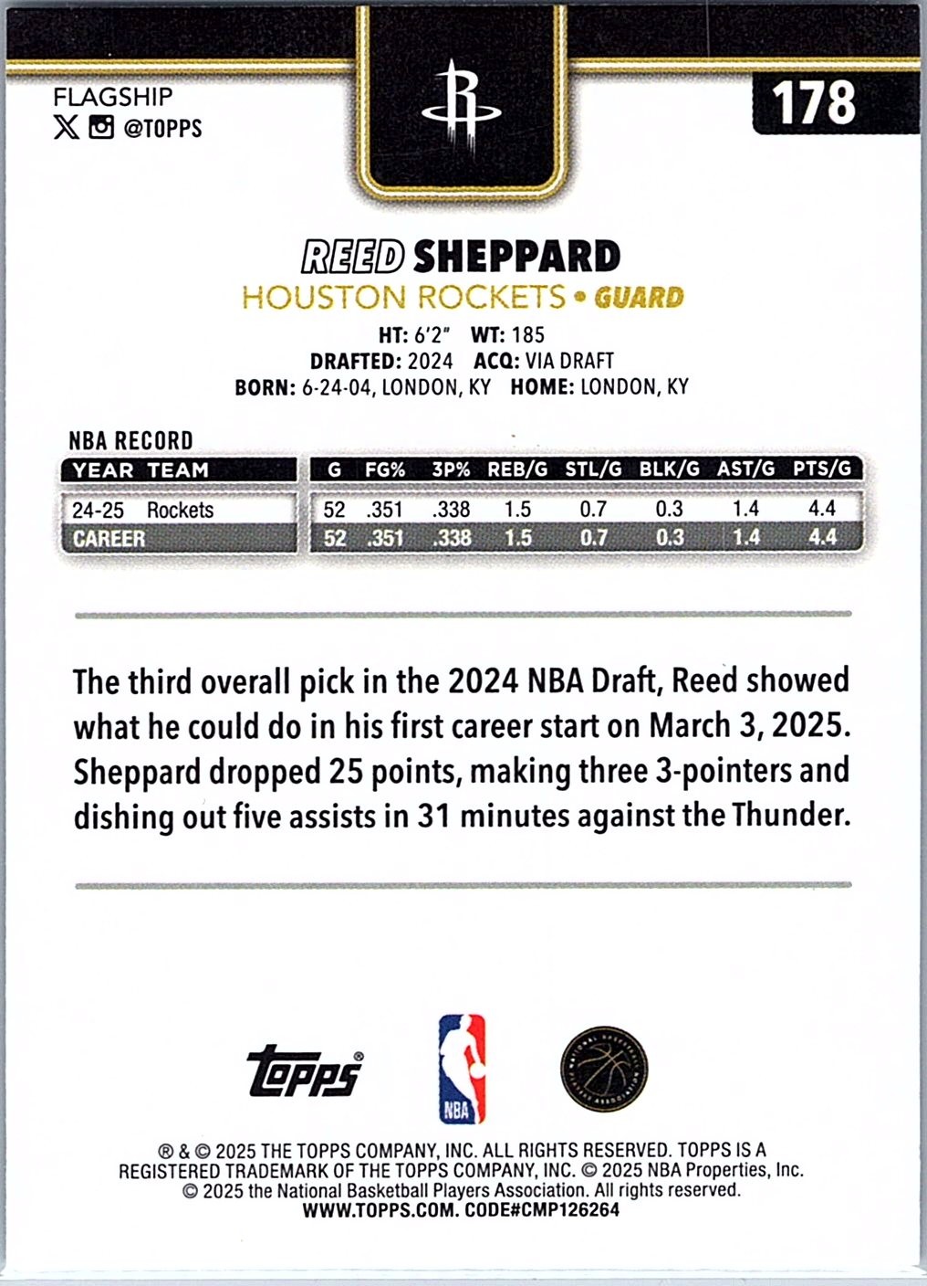 2025-26 Topps #178 Reed Sheppard Blackout – Black Friday Exclusive
