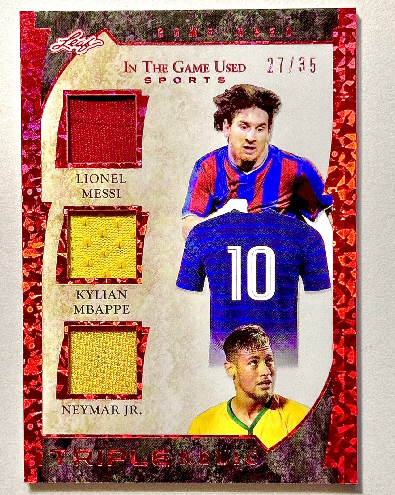 2022 Leaf In The Game Used – Soccer: Messi Mbappe Neymar Jr triple relic 27/35