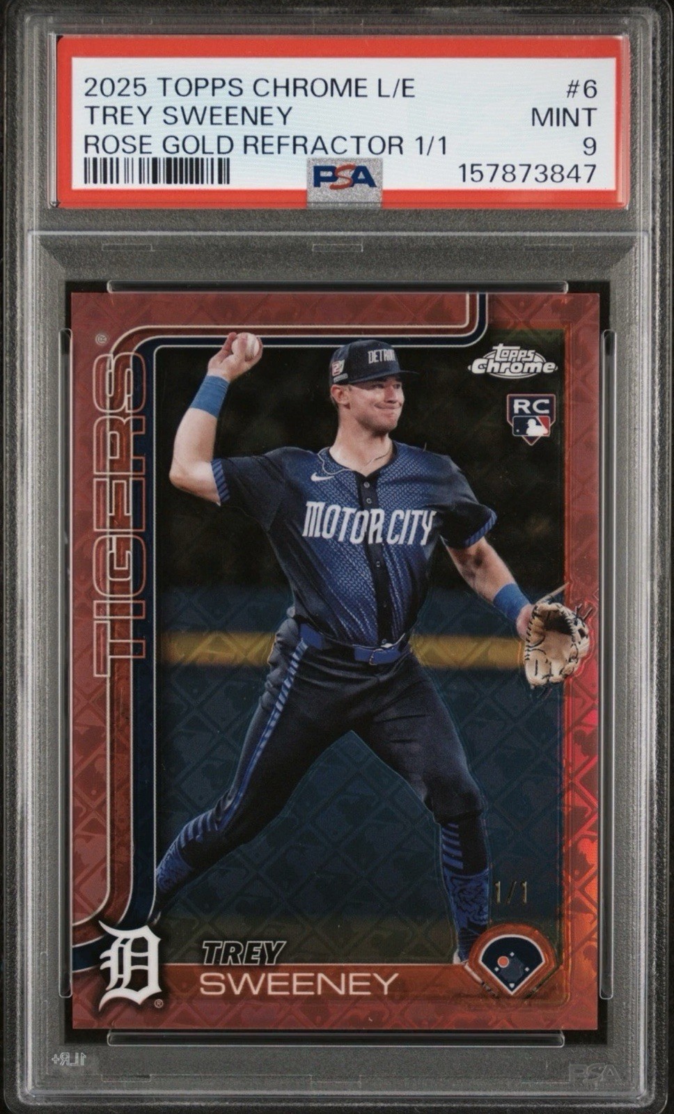 2025 Topps Chrome Trey Sweeney Rookie Rose Gold Refractor 1/1 PSA 9