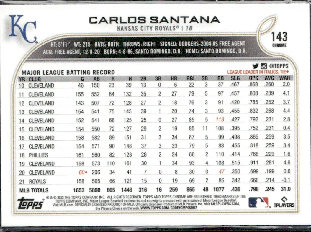 2022 Topps Chrome Sepia Refractor Carlos Santana #143