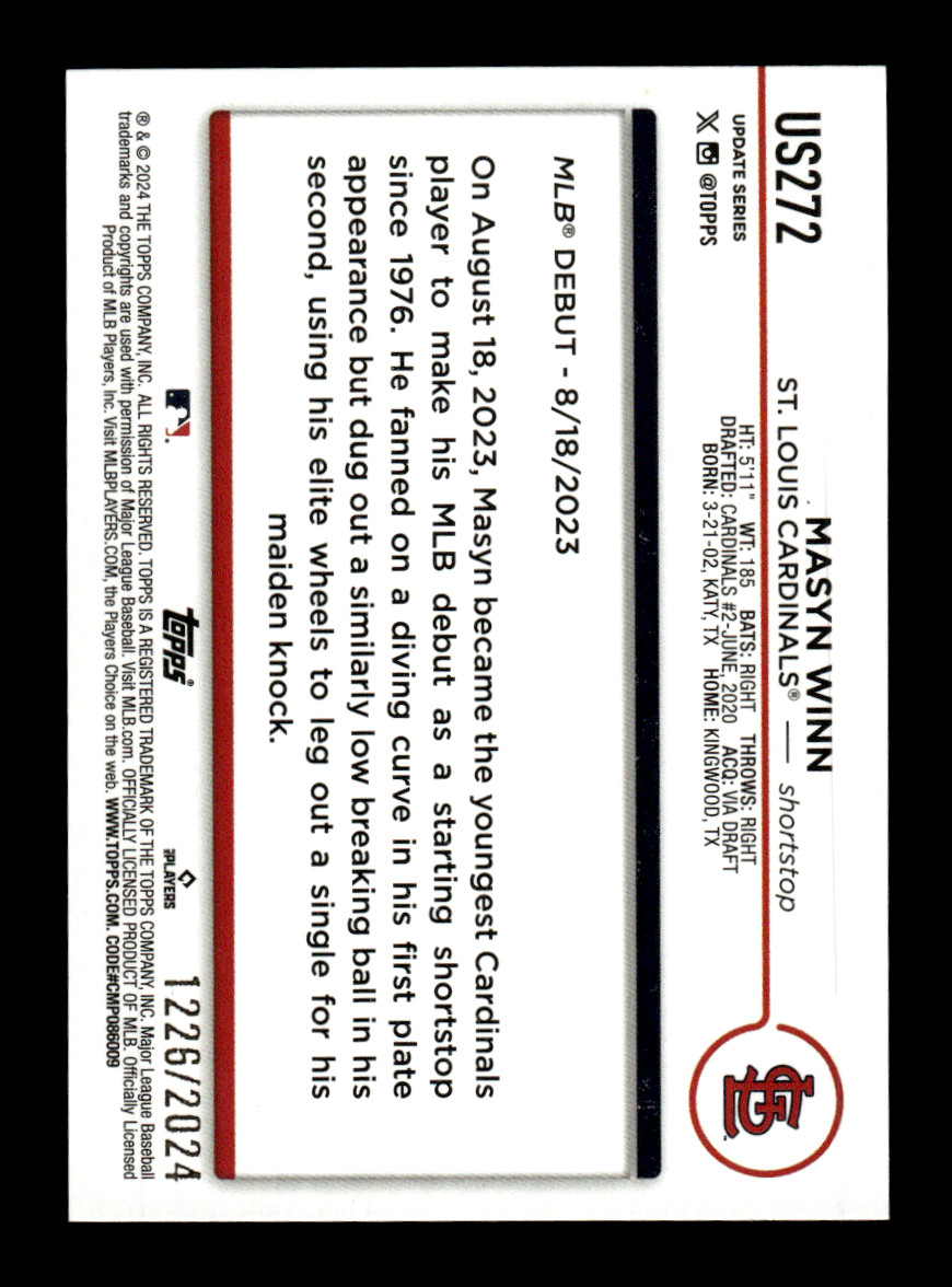 2024 Topps Update Baseball Masyn Winn #US272 Rookie Debut Gold Parallel /2024