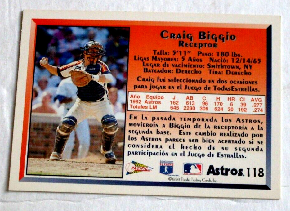 1993 Pacific Spanish Baseball Card #118 Craig Biggio