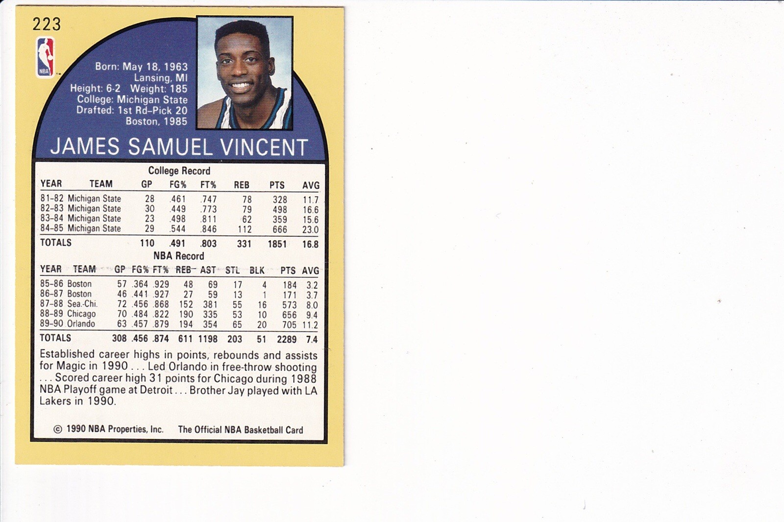 1990-91 NBA Hoops #223A Sam Vincent Error (Shows Michael Jordan Wearing #12)