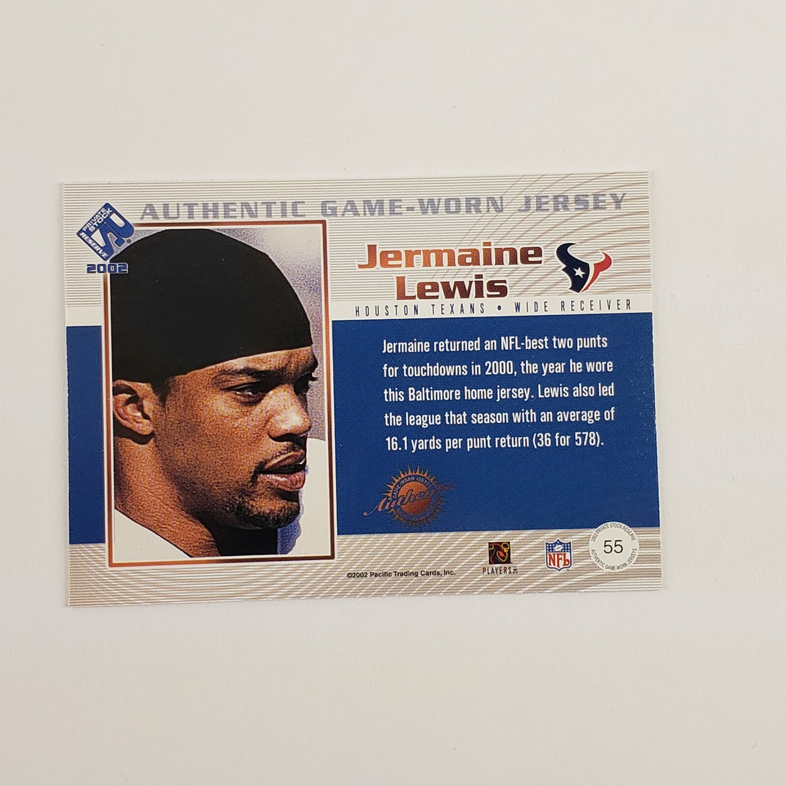 2002 Private Stock Game Worn Jerseys #55 Jermaine Lewis Jersey