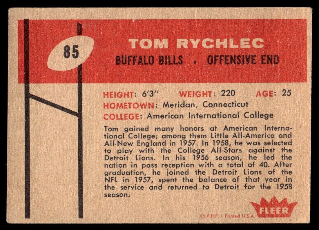 1960 Fleer Tom Rychlec Buffalo Bills #85