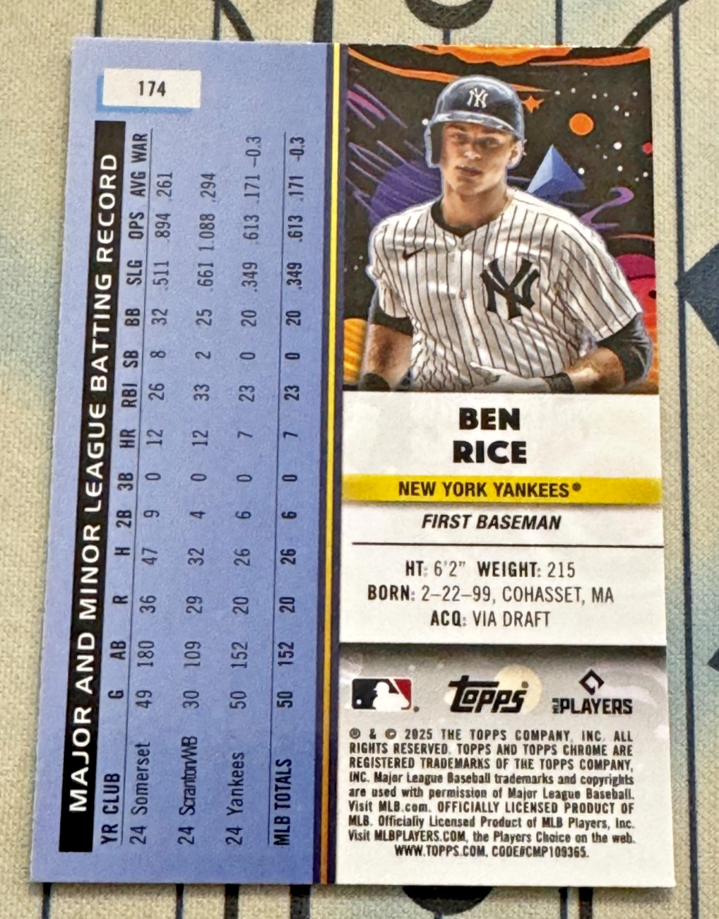 BEN RICE RC 2025 Topps Chrome Cosmic ⚾ #174 Rookie Yankees QTY 🔥