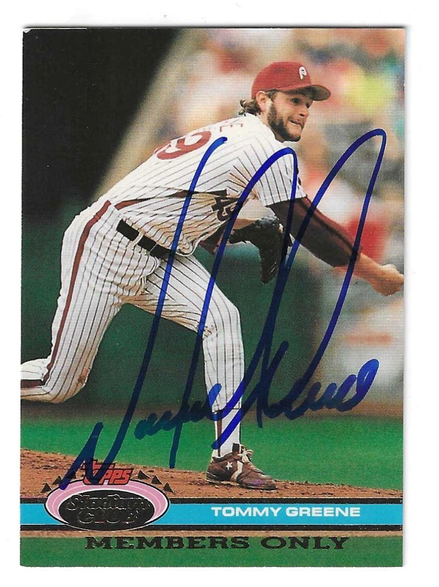 Autographed TOMMY GREENE Philadelphia Phillies 1991 Topps Stadium Club Card #NNO