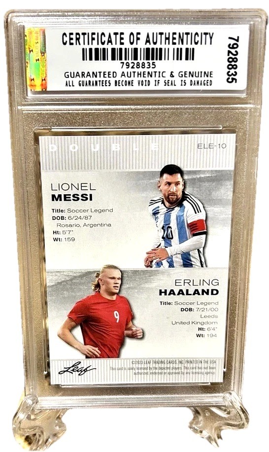 GRADED GEM-MT 10 LIONEL MESSI & ERLING HAALAND 2023 LEAF EXCLUSIVE CARD #ELE-10