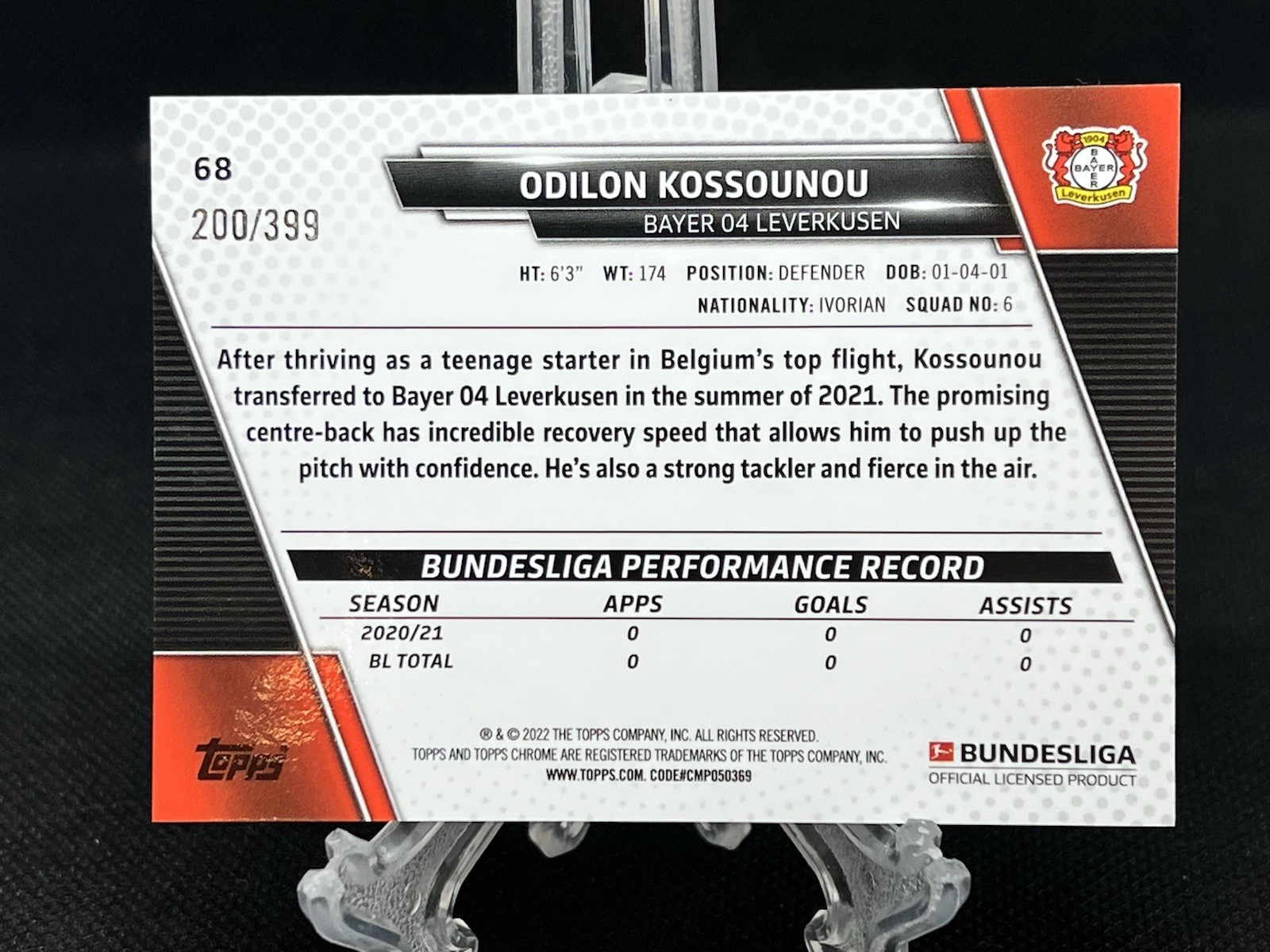 2021-22 Topps Chrome Bundesliga Odilon Kossounou Magenta Wave Refractor /399