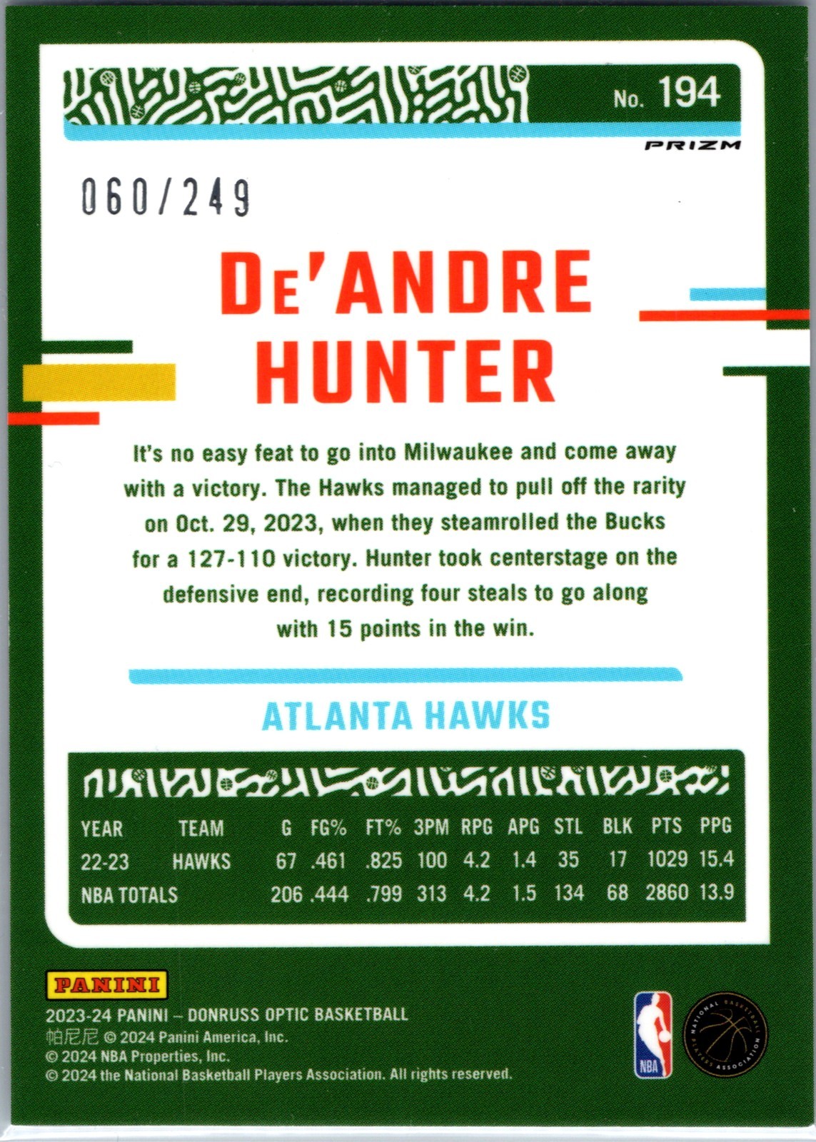 2023-24 Panini Donruss Optic De’Andre Hunter #194 Premium Box Set Prizm /249