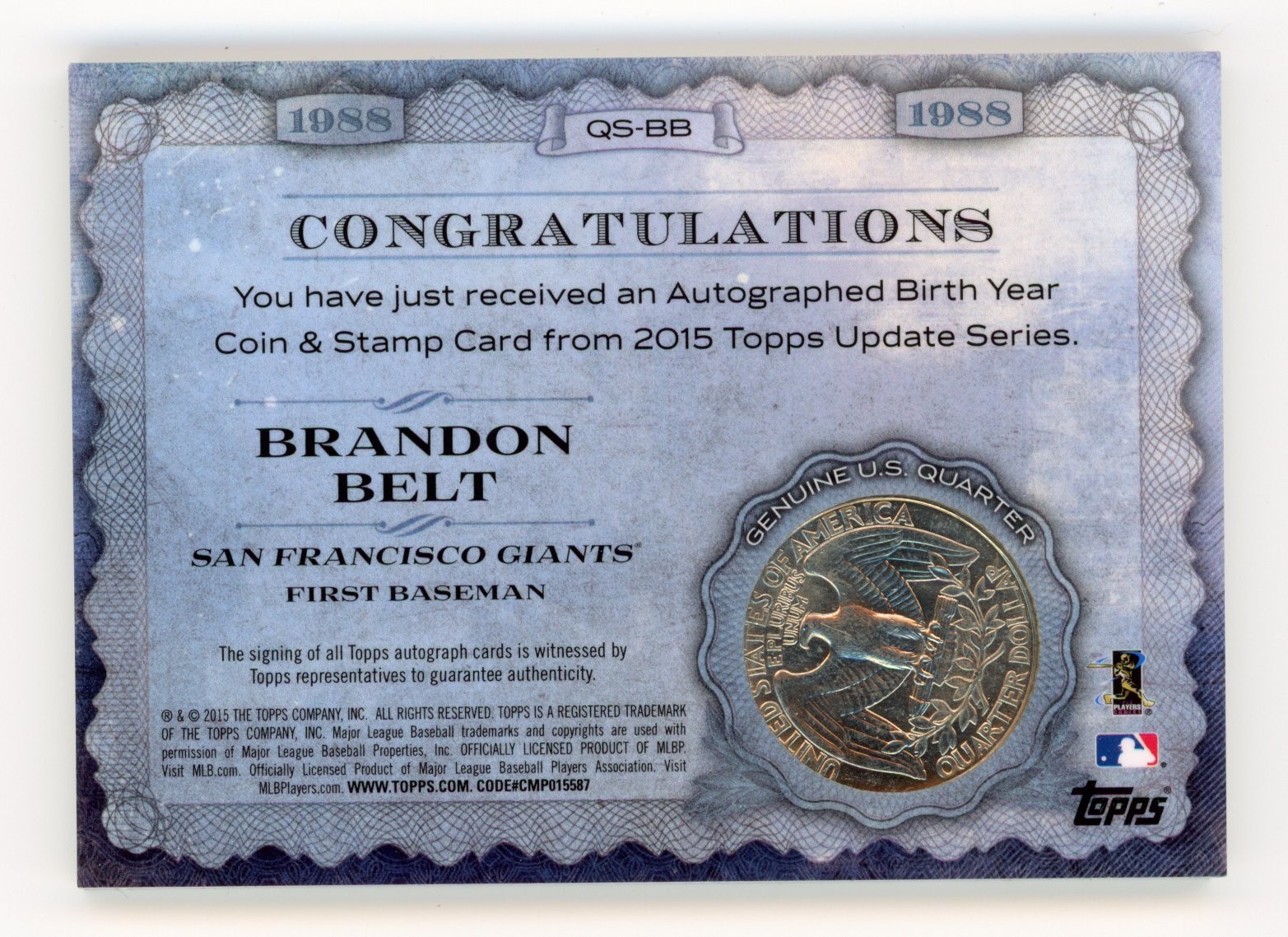 2015 TOPPS UPDATE BRANDON BELT AUTO /10 COIN STAMP #QS-BB 1988 GIANTS SP
