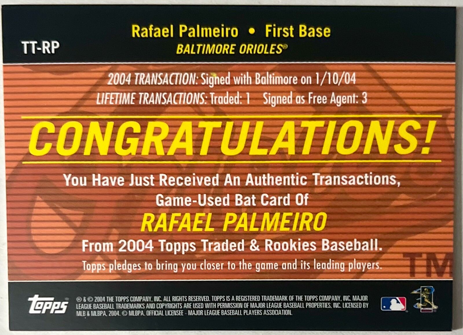 RAFAEL PALMEIRO 2004 TOPPS TRADED BAT TRANSACTIONS #TT-RP