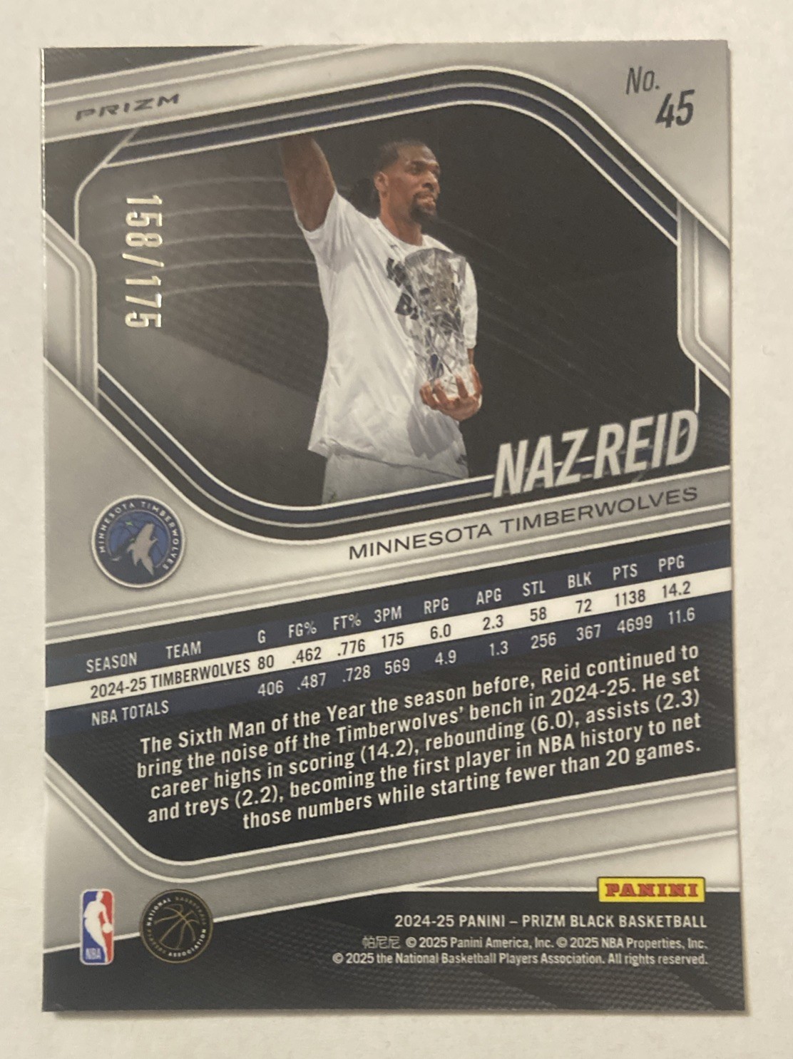 2024-25 Panini Prizm Black #d /175 White Prizm SP Insert Naz Reid Hornets